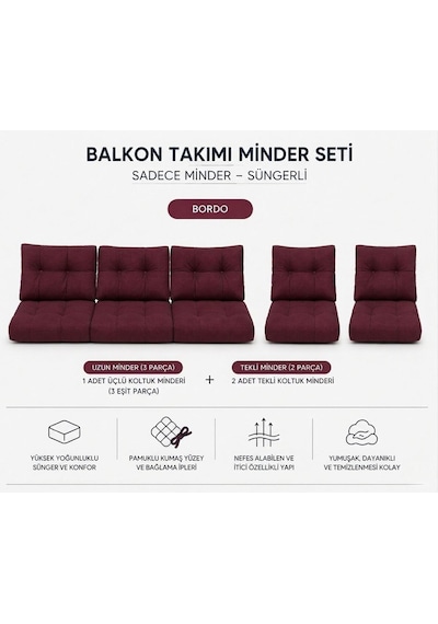 3-1-1 Fermuarlı Balkon Minderi-leke Tutmaz - İçidolu Minder Bordo