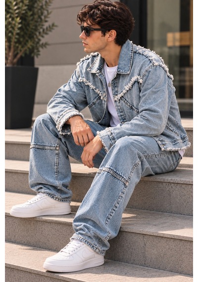 Erkek Açık Mavi Denim Takım Püsküllü Jean Ceket Ve Baggy Bol Paça Pantolon Oversize İkili Takım Erkek Açık Mavi Denim Takım Püsküllü Jean Ceket Ve Baggy Bol Paça Pantolon Oversize İkili Takım