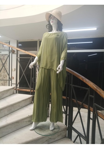 Bohem Stil İtalyan Yarasa Kol İpek Bluz & Pantolon Takım-8767 Yağ Yeşili