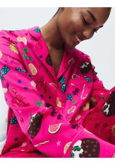 Marks & Spencer Saten Desenli Pijama Takımı T37002257J Pembe