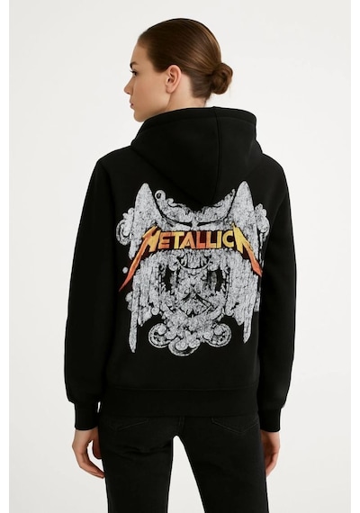 Mbb E-ticaret Metallica İki İplik Kapüşonlu Ön Ve Arka Baskılı Hoodie - Siyah