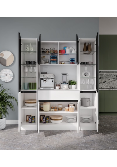 Lotus Maxi Kahve Köşesi Komple Mdf Led Aydınlatmalı Mutfak Kahve Dolabı Beyaz