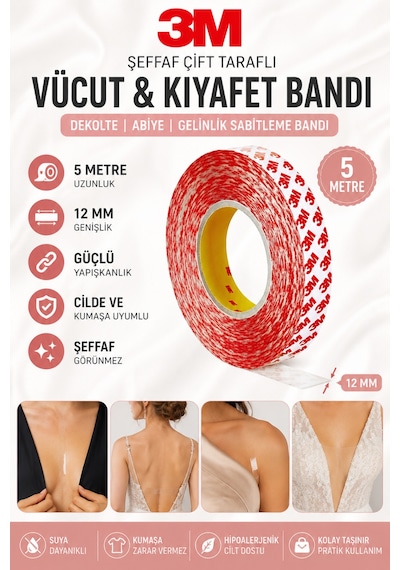 5 Metre 3m Kalitesinde 12mm Yapışkanlı Şeffaf Çift Taraflı Dekolte Abiye Gelinlik Sabitleme Bant Vüc