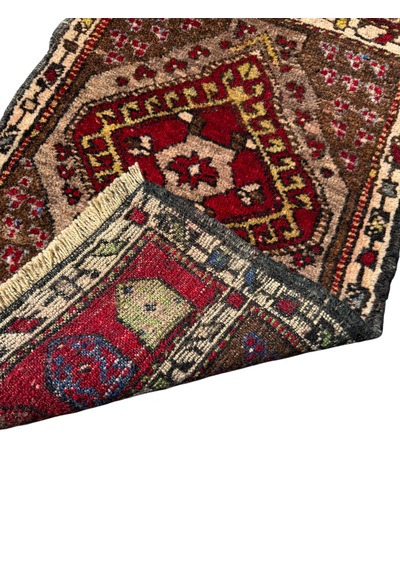 El Dokuma Küçük Kars Halısı 48x90 Kahve Kırmızı Kök Boya Yastık Halı Kahverengi