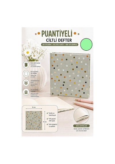 Puantiyeli Kare Not Defteri 16x16cm 1 Adet Lizz Sert Kapak 120 Yaprak Ciltli Çizgisiz Özel Anı Günlük Defteri Yeşil