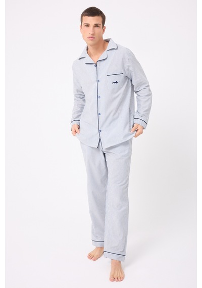 L'espadon Marısılk Seastrıpe Premium Dokuma Uzun Kollu Uzun Paçalı Erkek Pijama Takımı-3180 Mavi