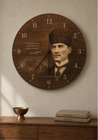 AA Shop Atatürk Temalı Baskılı Dekoratif Baskılı Ahşap Duvar Saati Sessiz Akar Mekanizmalı 808 Çoklu Renkli
