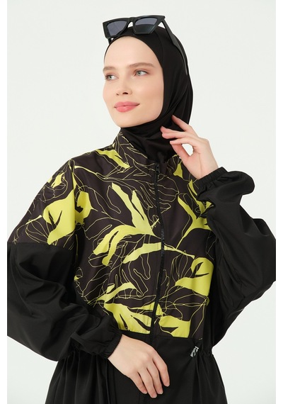 Alfasa Soft Desenli Oversize Uzun Tesettür Mayo Siyah