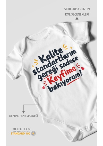 Morivokids Kalite Standartlarım Mesajlı Kısa Kollu Bebek Body %100 Pamuk Beyaz