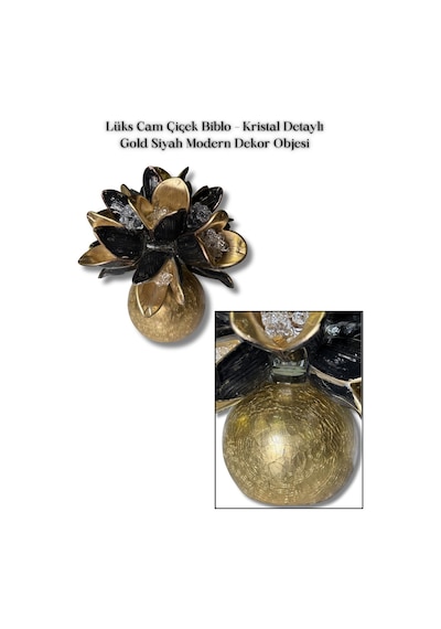 Lüks Cam Çiçek Biblo Kristal Detaylı Gold Siyah