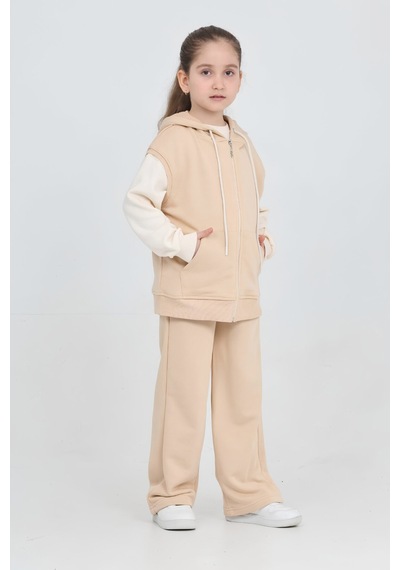 Modanino Kız Çocuk Yelekli Ve 3 İplik 3'lü Takım 7-12 Yaş 12797bl Vizon