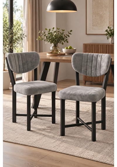 Sulorahome 2 Adet Gri Kumaş Döşemeli Metal Ayaklı Modern Sandalye Seti