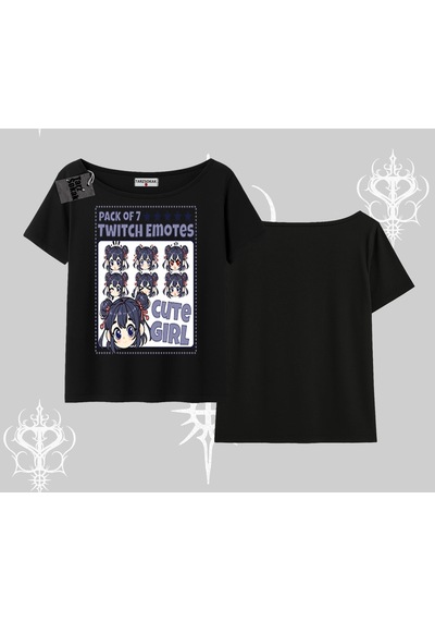 Startmore Startmore Kayık Yaka Tshirt Twitch Emotes Cute Girl Anime Expression Siyah