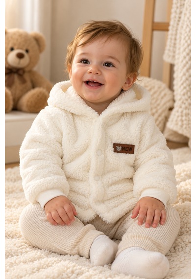 Beniizle Kapüşonlu Unisex Welsoft Yumuşak Dokulu Çıtçıtlı Kışlık Bebek Hırkası Ekru