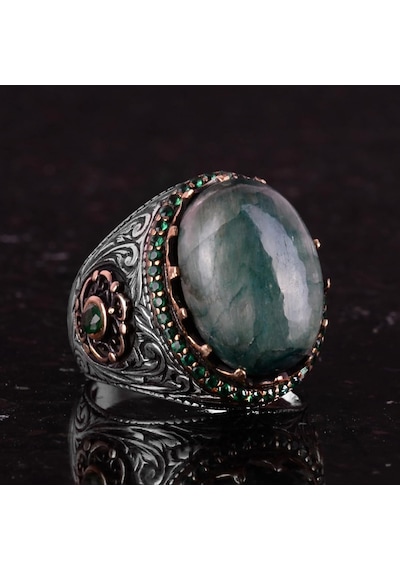Yapılmış Taş Yüzük - 925 Ayar Gümüş El Yapımı Yüzük - Yapılmış Cabochon Zümrüt Yüzük Gümüş