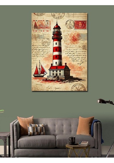 Kanvas Tablo Deniz Feneri Ve Kırmızı Yelkenli 70cmx100cm