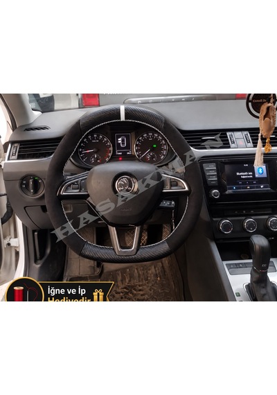 Skoda Rapid Dikme Direksiyon Kılıfı Alcantara Süet Mat Karbon Beyaz Yüzük Ve Dikiş 2015-2019