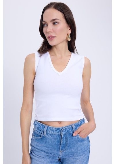 Tudors Kadın Slim Fit Dar Kesim V Yaka Sıfır Kol Pamuklu Ribanalı Beyaz Bluz-38833 Beyaz