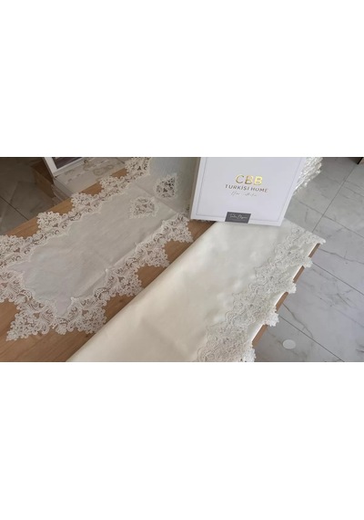 Sofra Takımı Mimoza Gardenya Keten Yemek Takımı 160x220 Masa Seti 26 Parça Runner Set Krem