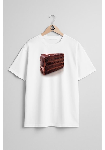 Oversize Çikolatalı Kek Göğüs Tasarımlı Unisex T-shirt Beyaz