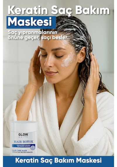 Glow Whıte Keratin Saç Botoksu Argan, Keratin Ve İpek Proteinli Yoğun Bakım Maskesi 300 Ml