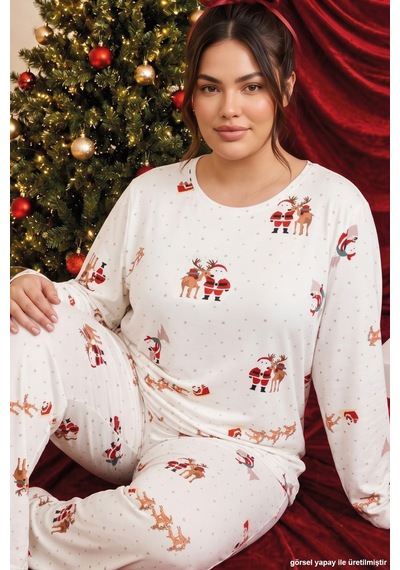 Siyah İnci Ekru Yılbaşı Temalı Termal Kumaşlı Ultra Soft Yumuşak Büyük Beden Battal Boy Örme Pijama Takımı 26226729