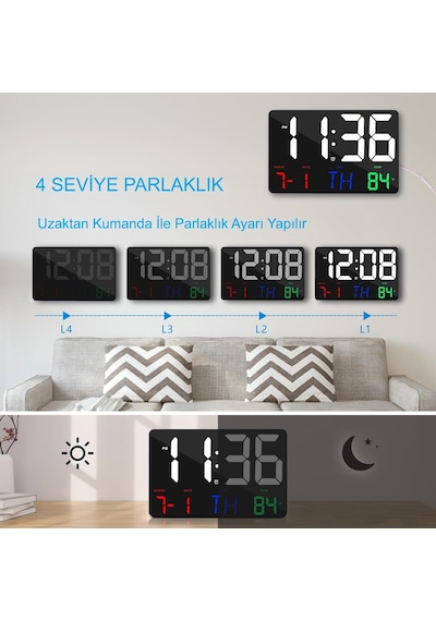 Hymark Dijital Duvar Saati Renkli Hd Led Ekran 25x16 Cm Tarih Gün Sıcaklık Alarm Usb Dekoratif Siyah