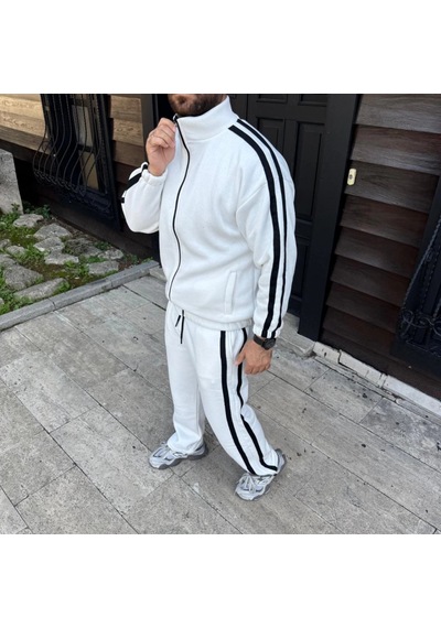 Erkek Çift Şeritli Eşofman Takım Dik Yaka Fermuarlı Sweatshirt Boru Paça Alt, Oversize 3 Iplik Pamuklu - Beyaz Beyaz Erkek Çift Şeritli Eşofman Takım Dik Yaka Fermuarlı Sweatshirt Boru Paça Alt, Oversize 3 Iplik Pamuklu - Beyaz Beyaz