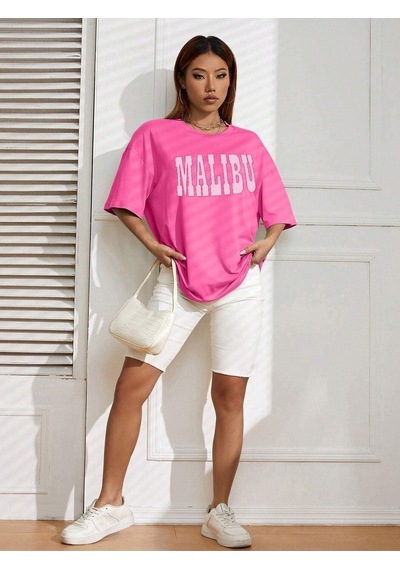 Malibu T-shirt - Pembe Baskılı Oversize Bisiklet Yaka Kısa Kol Tişört Pembe