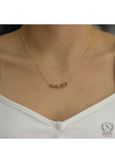 925 Ayar Gümüş Ametist ve Peridot Taşlı 7 Sıra Suyolu Kolye 344644025