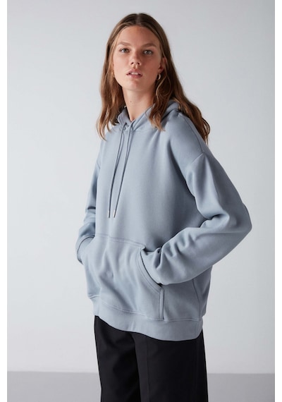 Grımelange Adel  Kadın Organik Pamuklu Içi Polarlı Yumuşacık Relaxed Kanguru Cepli Kapüşonlu Mavi Sweatshirt