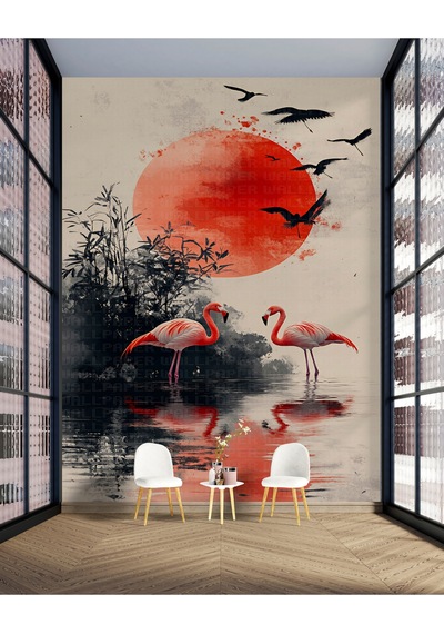 Ay Flamingolar Kuşlar İllüstrasyon Poster Duvar Kağıdı Renkli