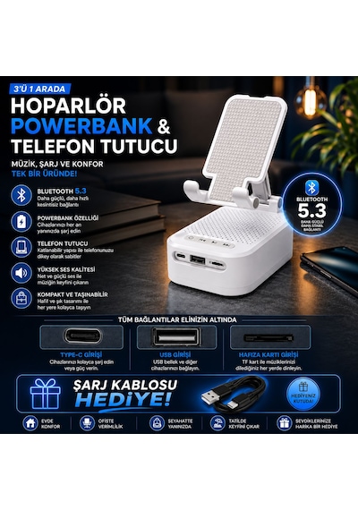 3 In 1 Bluetooth Telefon Tutucu Ve Powerbank Özelikli Tf Kart Ve Usb Bellek Destekli Tutuculu Bluetooth Hoparlör