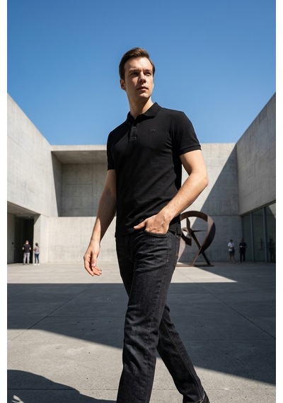 Süvari Slim Fit Düz Baskısız Pike Düğmeli Polo Yaka Nefes Alabilen T-shirt Siyah