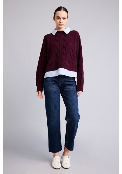 Defacto Boxy Fıt Polo Yaka Uzun Kollu Triko Kazak H2420ax26wnbr455 Bordo-br455