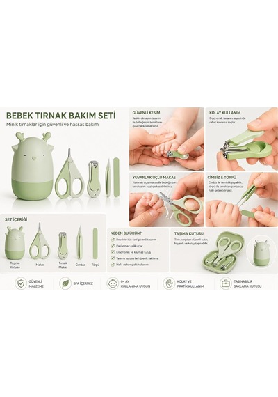 Geyik Figürlü Bebek Tırnak Bakım Seti 5 Parça Güvenli Makas Cımbız Tırnak Makas Törpü Seti Yeşil