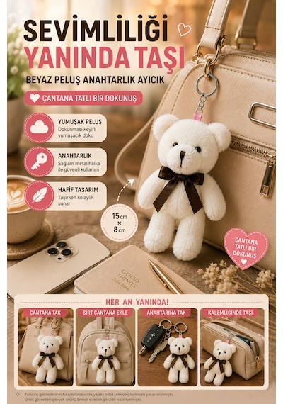 1 Adet Beyaz Peluş Ayıcık Anahtarlık 15x8 Cm Çanta Sırt Çantası Anahtar Aksesuar Sevimli Fiyonk