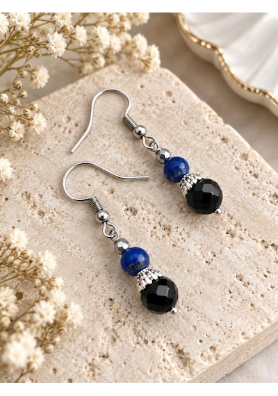 Siyah Akik Ve Lapis Lazuli Taşlı Çelik Sallantılı Küpe Çok Renkli