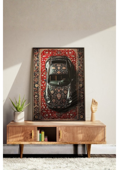 Otomobil Ve Anadolu Halı Sanatı Modern Pop Art Tasarım Ahşap Çerçeveli Duvar Tablosu