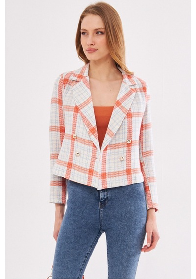 Armonika Kadın Turuncu-mavi Kruvaze Yaka Tüvit Crop Ceket Arm-24k001014