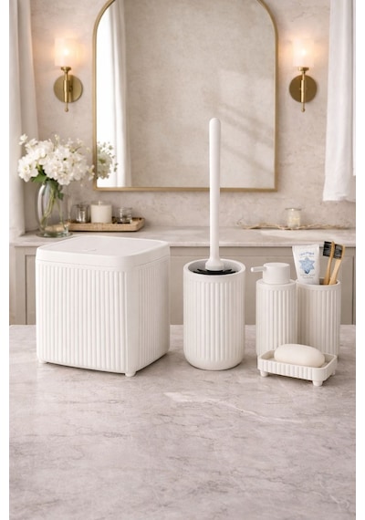 Modern Banyo Aksesuar Seti Click Kapaklı Çöp Kovası, Tuvalet Fırçası Ve Sabunluk Seti 5 Parça Dc-6803 Beyaz