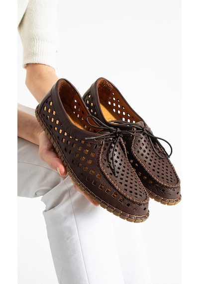 Dabab Shoes Vırena Kadın Acı Kahve Hakiki Deri File Bağcıklı Düz Taban Yazlık Babet Loafer Ayakkabı Kahverengi