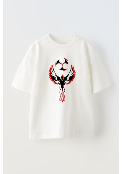 Thewert Unisex Anka Kuşu Ve Ninja Yıldızı Tasarım Baskılı Pamuk Beyaz Oversize T-shirt