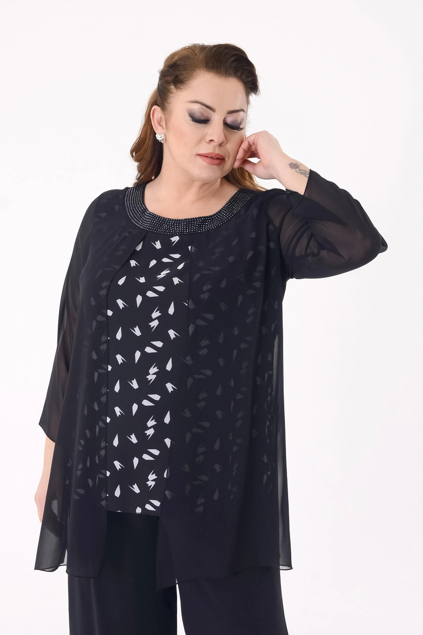 Lilas Xxl Büyük Beden Siyah Renkli Desenli Şifon Abiye Bluz Siyah