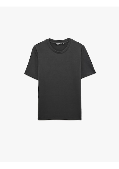 Koton Bisiklet Yaka Viskon Karışımlı Kısa Kollu Basic Slim Fit Tişört Antrasit 6sam10285mk