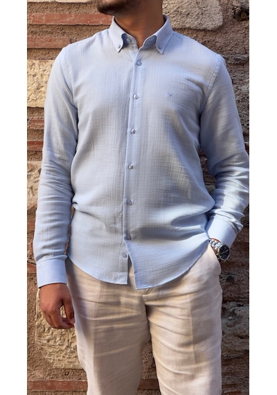 Slim Fit Uzun Kol Müslin Pamuk Rahat Nefes Alabilen Kumaştan Yaka Düğmeli Hediye Kutulu Erkek Gömlek Fs-004202 - Açık Mavi-2870 Açık Mavi