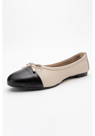 Luvishoes Luvi Shoes Jens Bej-siyah Cilt Hakiki Deri Fiyonklu Kadın Babet Ayakkabı Bej - Siyah