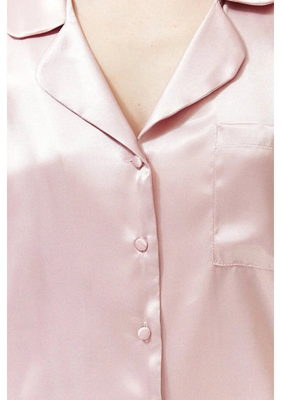 Pembe Fırfır Detaylı Saten Şortlu Dokuma Pijama Takımı