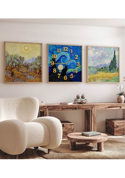Van Gogh Esintili 3'lü Tablo Seti Kedi Saatli Ahşap Çerçeveli Mdf Tasarım Renkli