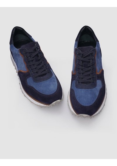%100 Hakiki Deri Lacivert Süet Bağcıklı Erkek Sneaker-lacivert Lacivert